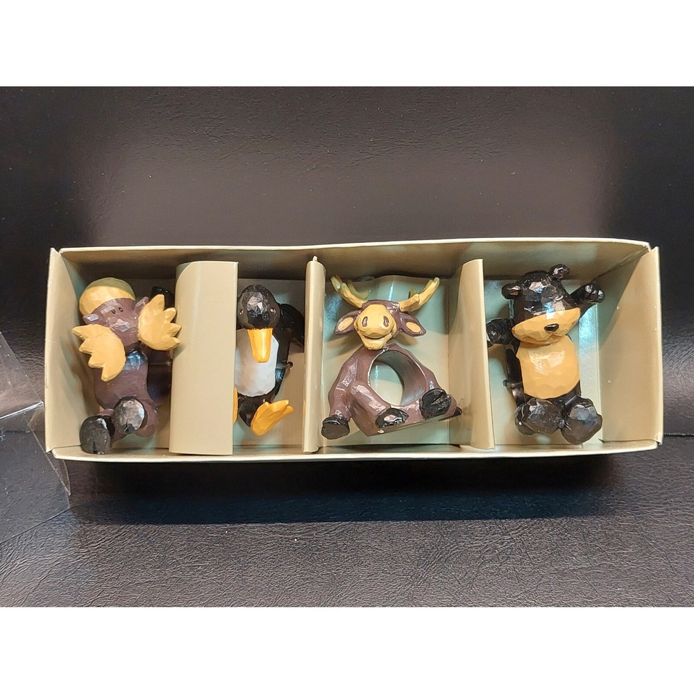 Set Of 4 Animal Napkin Rings Rustic For Lodge/Cabin Carved Resin Moose Bear Duck